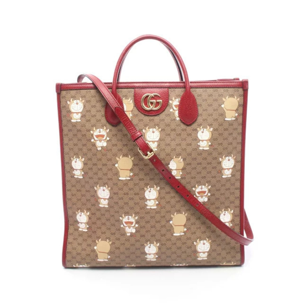 Gucci x Doraemon GG Supreme Tote Bag Canvas Leather Brown Red Multicolor
